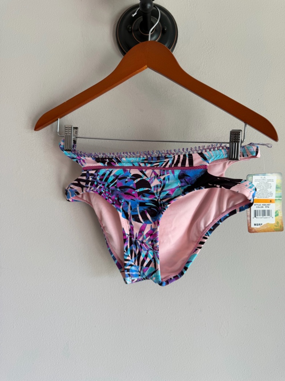 Hobie Womens‎ Tropical Palm Print Cut-Out Hipster Bikini Bottoms Pink Blue S NEW